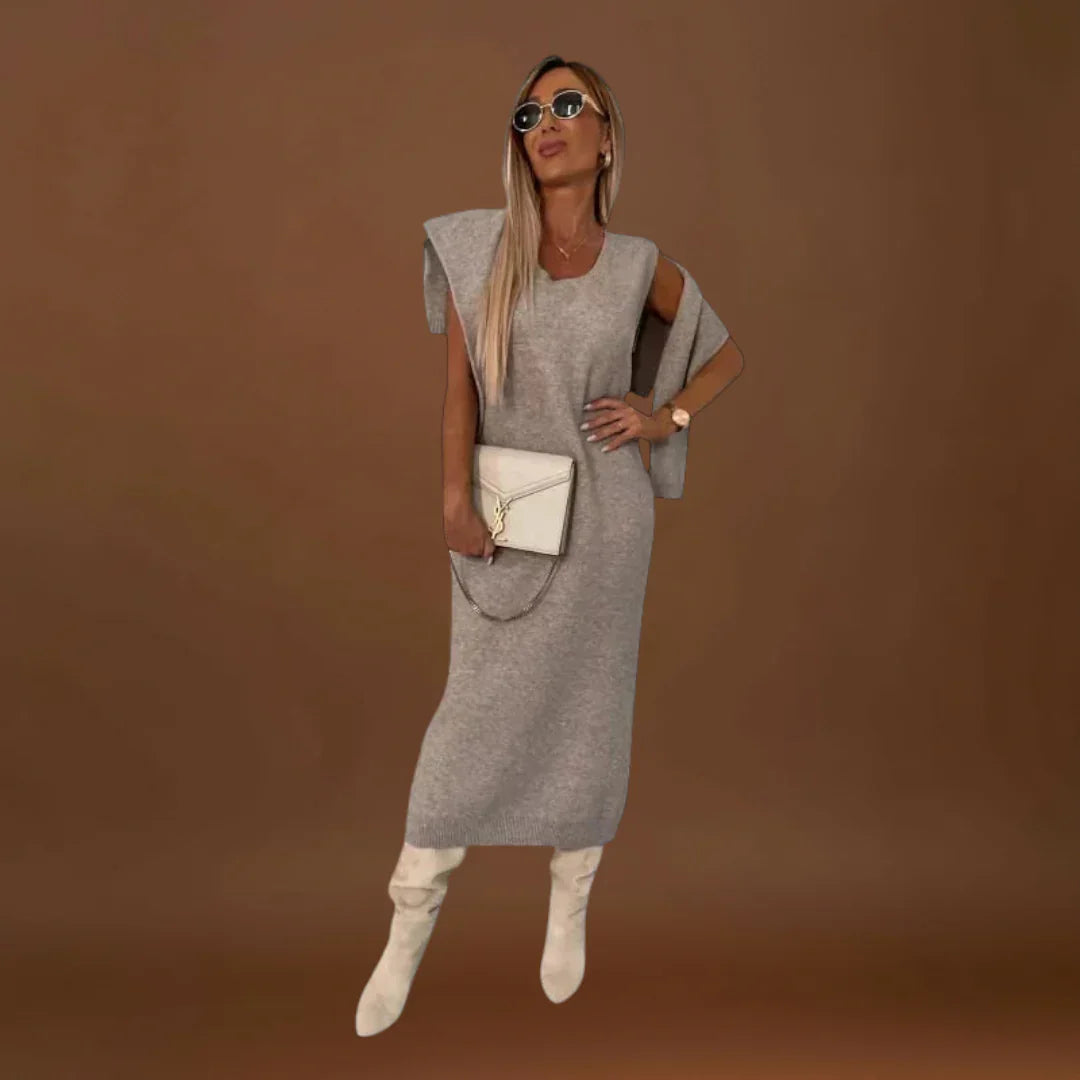 Eliska - Elegáns Ruha és Magas Gallérú Pulóver Szett