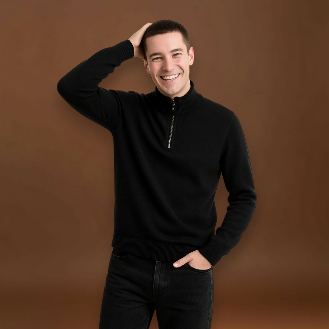 Pulóver - Fél cipzárral, magas gallérral és rugalmas anyaggal