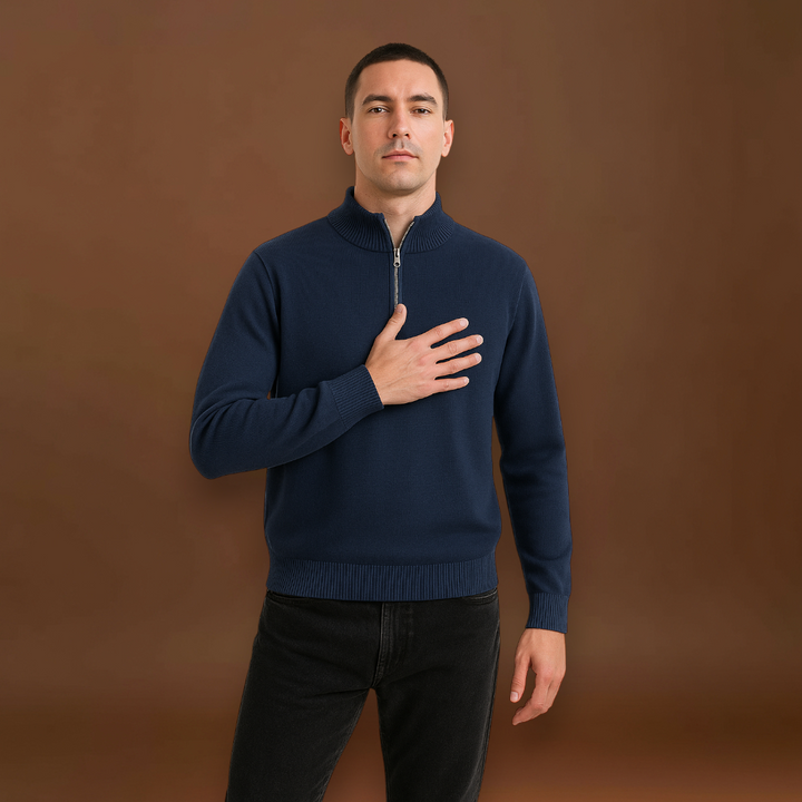 Pulóver - Fél cipzárral, magas gallérral és rugalmas anyaggal