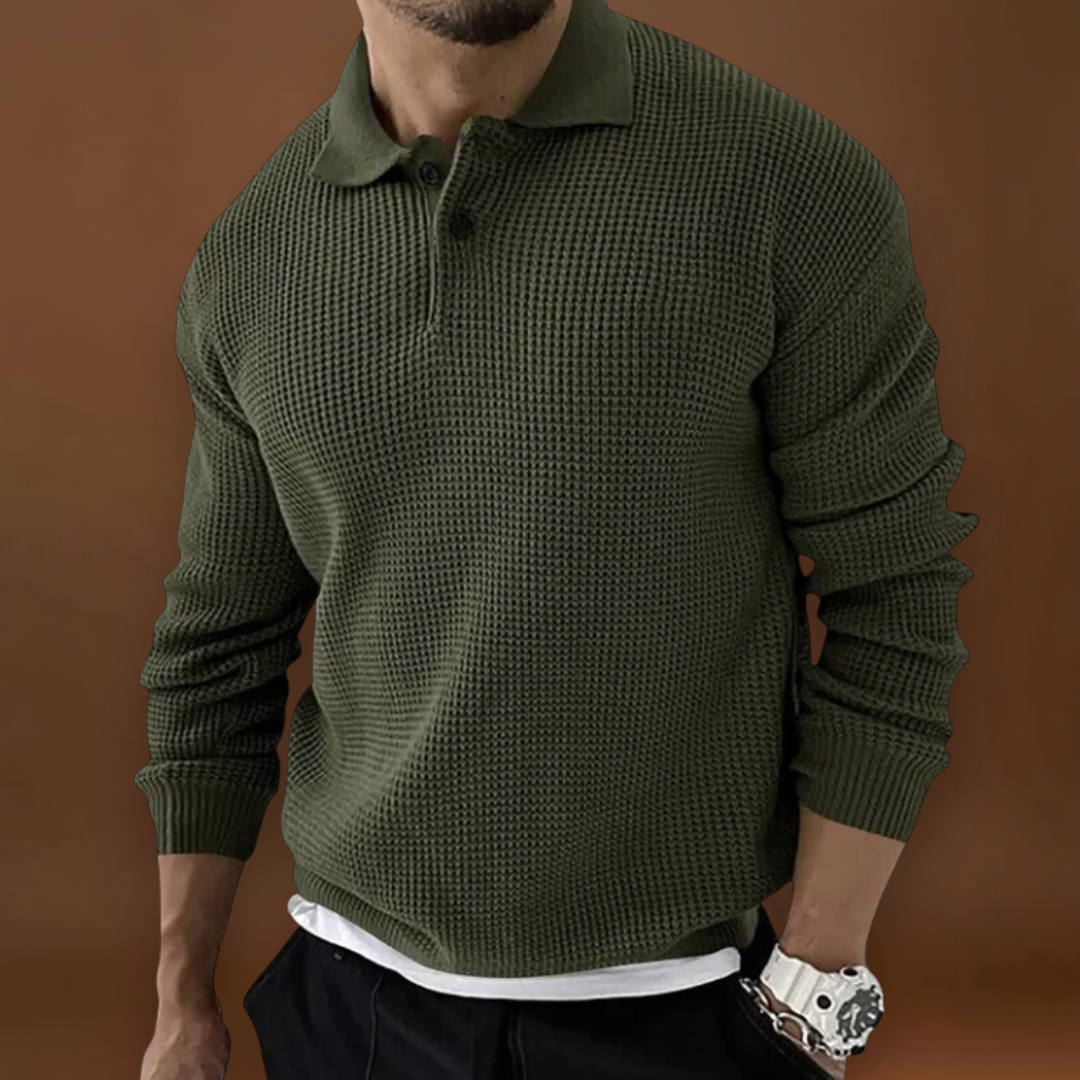 Ferenc - Texturált Waffle Polo Pulóver