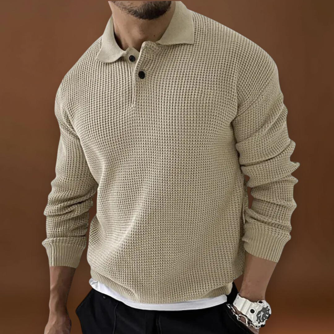 Ferenc - Texturált Waffle Polo Pulóver