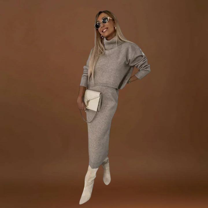 Eliska - Elegáns Ruha és Magas Gallérú Pulóver Szett