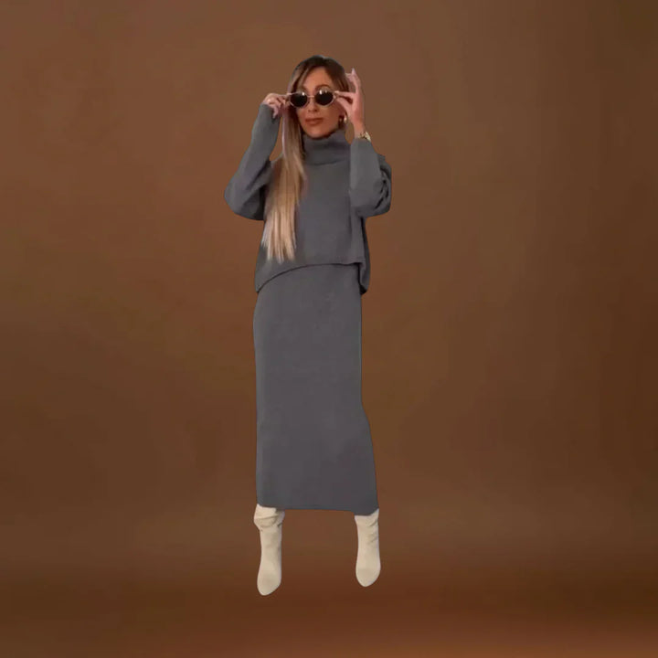 Eliska - Elegáns Ruha és Magas Gallérú Pulóver Szett