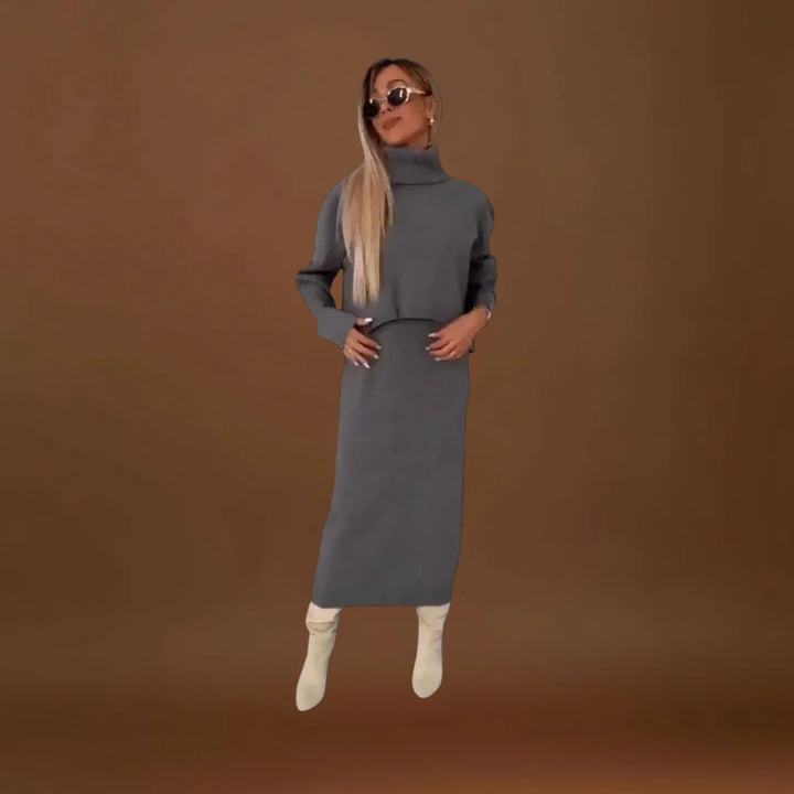 Eliska - Elegáns Ruha és Magas Gallérú Pulóver Szett